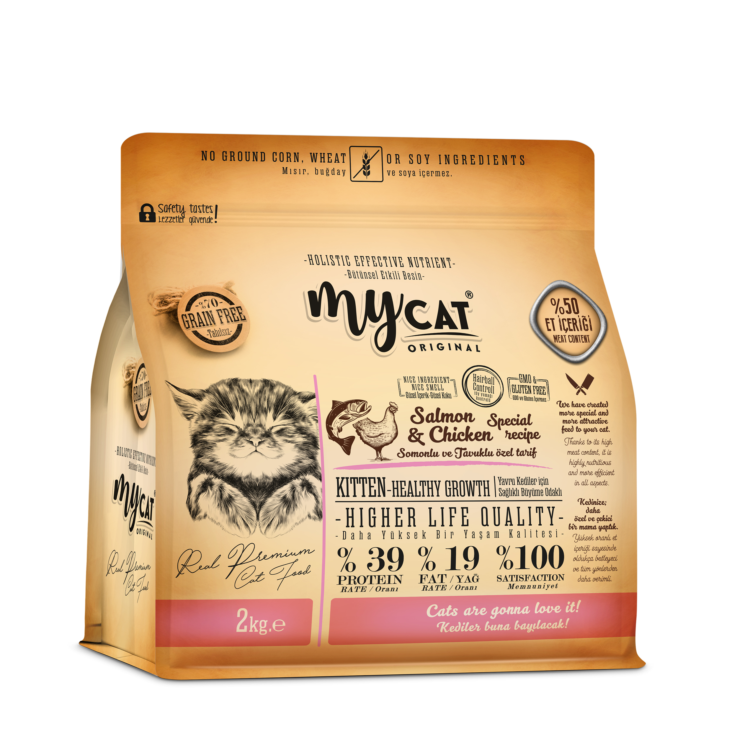 mycat low grain somonlu ve tavuklu kıtten-yavru kedi maması (2kg) -1