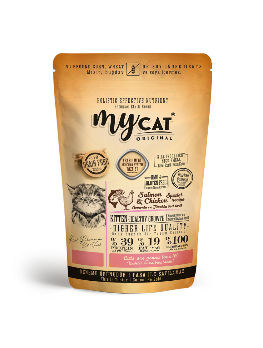 mycat low grain somonlu ve tavuklu kıttenyavru kedi maması tester 0